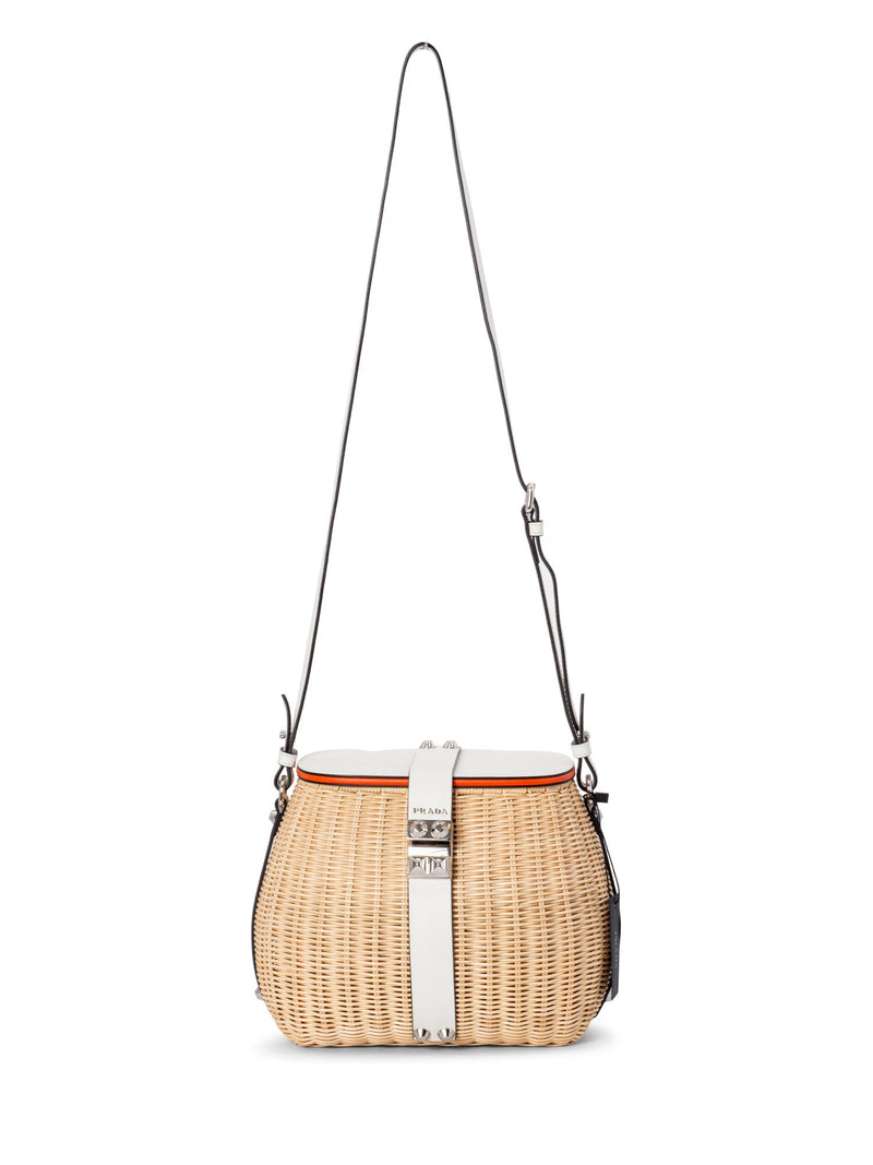 Prada Raffia Woven Handmade Bucket Messenger Bag White-designer resale
