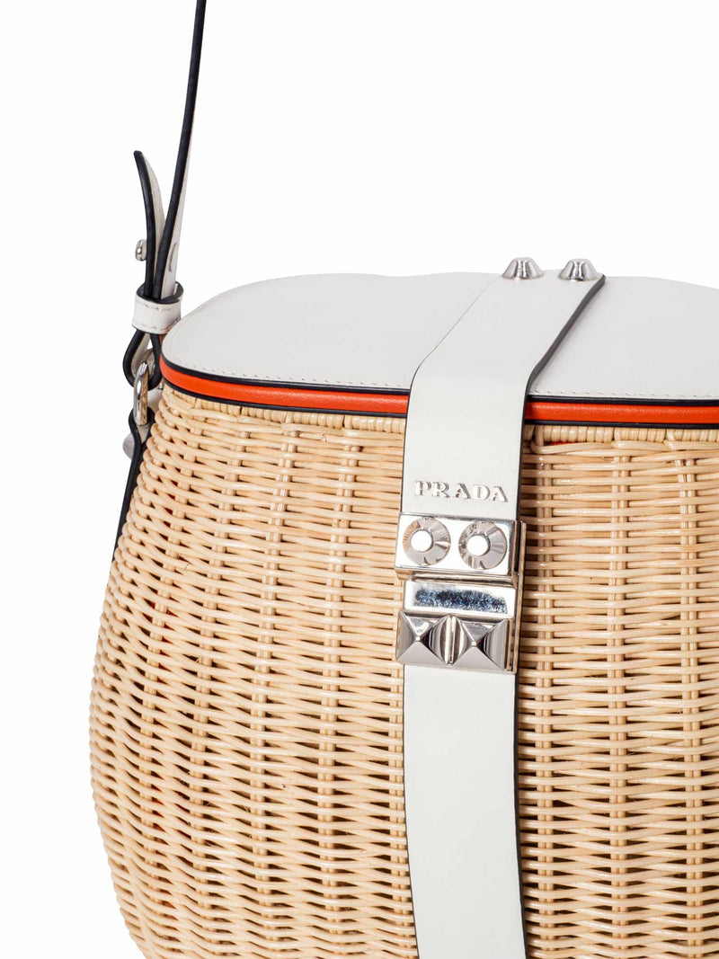Prada Raffia Woven Handmade Bucket Messenger Bag White-designer resale