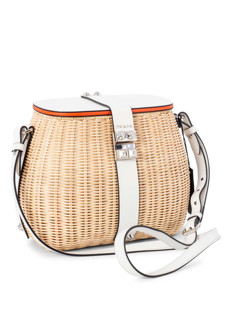 Prada Raffia Woven Handmade Bucket Messenger Bag White-designer resale