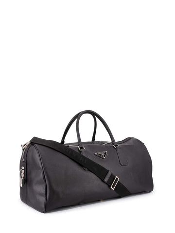 Prada Saffiano Leather Duffle Travel Bag Black-designer resale