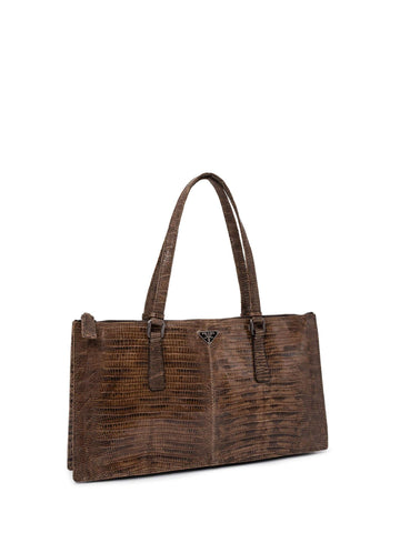 Prada Shiny Lizard Shoulder Bag Brown-designer resale