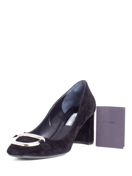 Prada Suede Leather Logo Buckle Block Heel Pumps Black