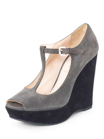 Prada Suede Platform Wedge T-Strap Pumps Grey Black-designer resale
