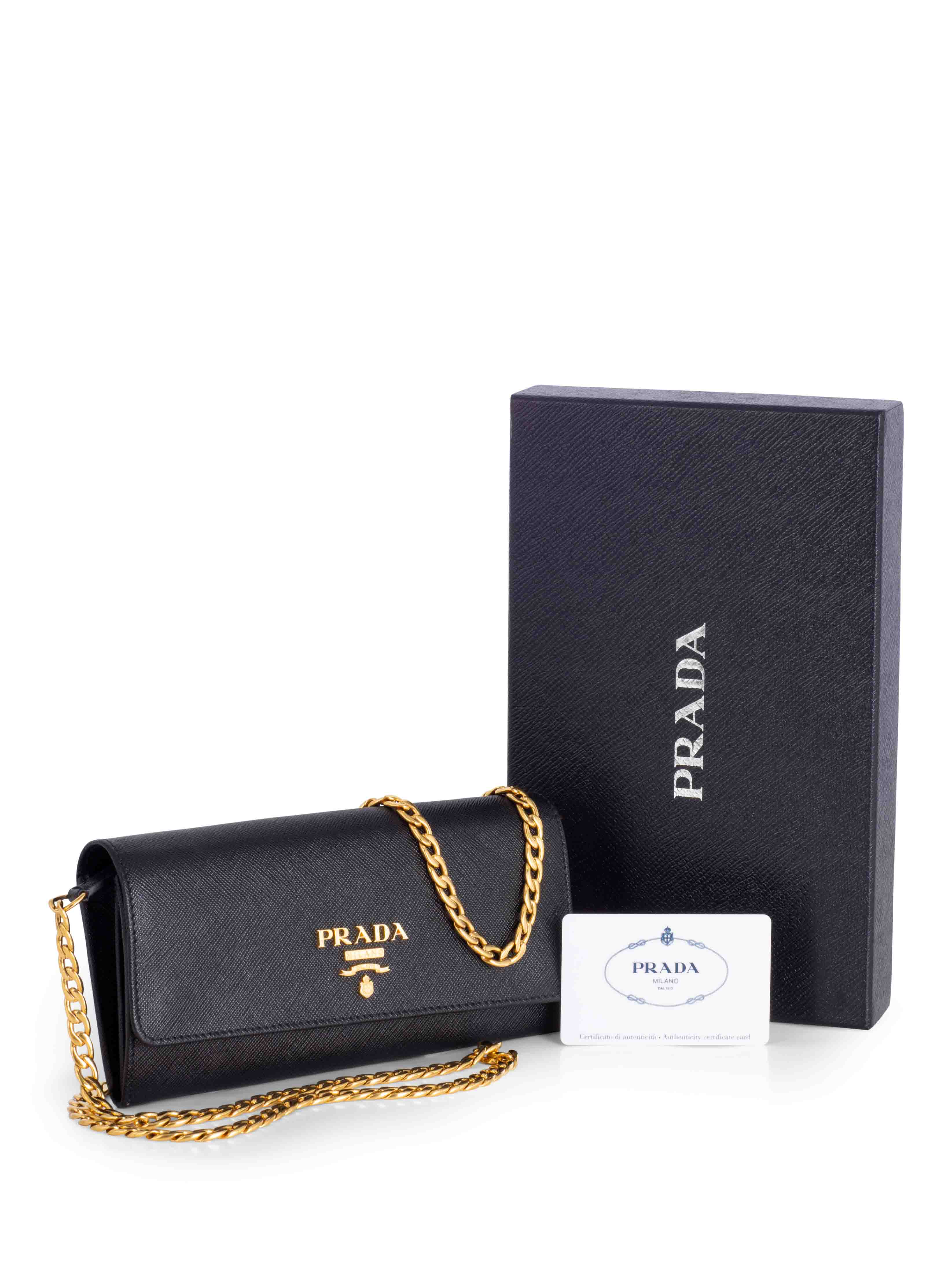 Prada Tessuto Leather Flap Wallet on Chain Black-designer resale