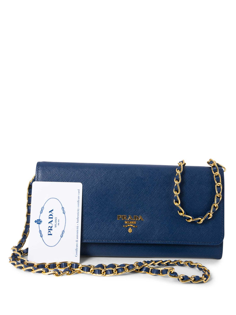 Prada Tessuto Leather Flap Wallet on Chain Blue-designer resale