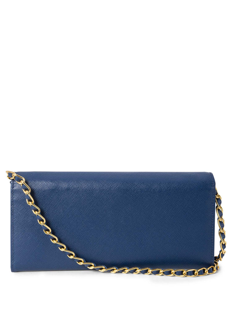 Prada Tessuto Leather Flap Wallet on Chain Blue-designer resale