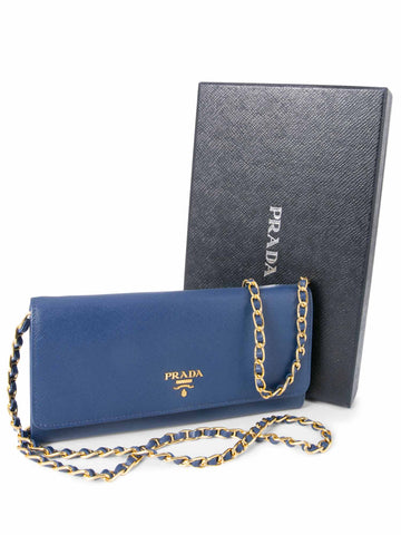 Prada Tessuto Leather Flap Wallet on Chain Blue-designer resale