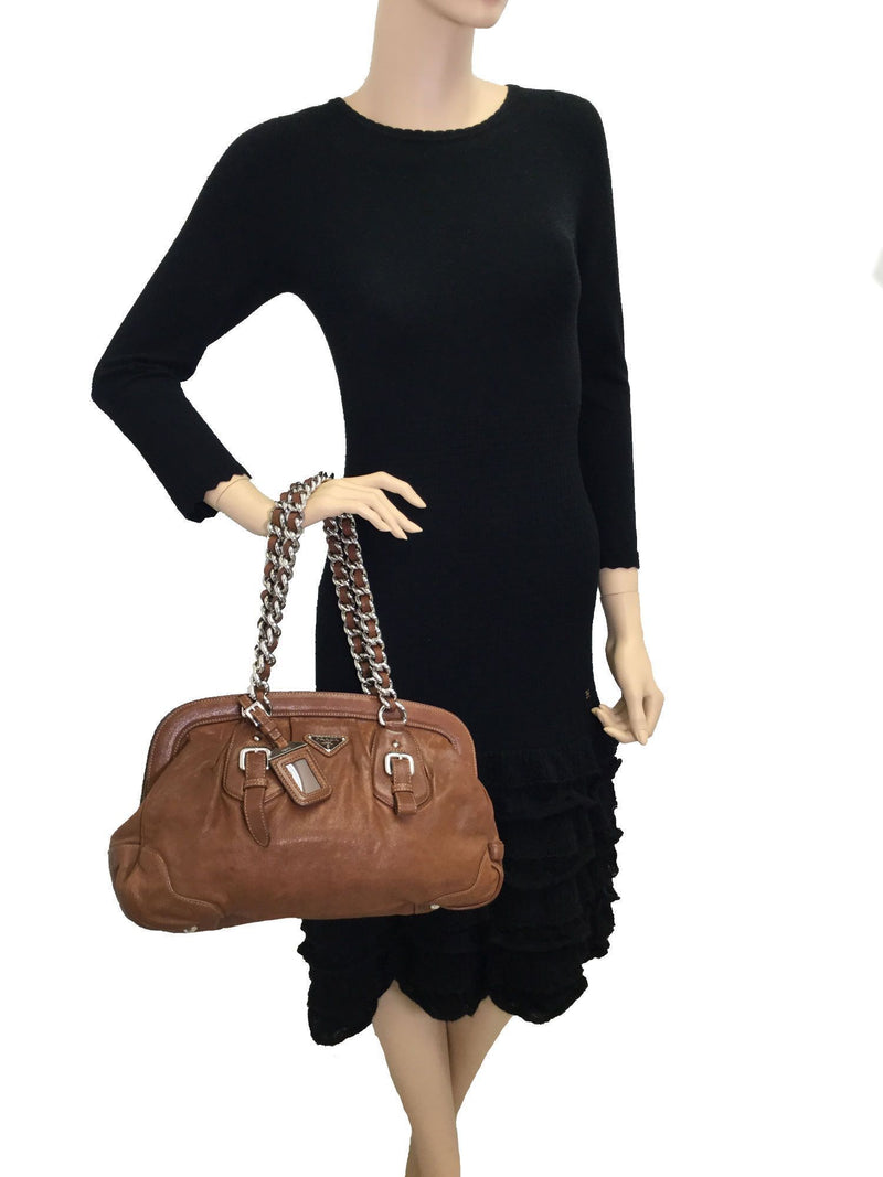 Prada Top Chain Handle Medium Satchel Brown-designer resale