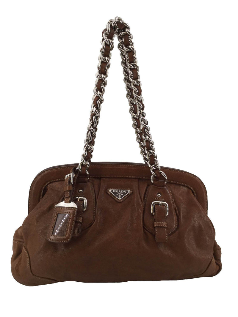 Prada Top Chain Handle Medium Satchel Brown-designer resale