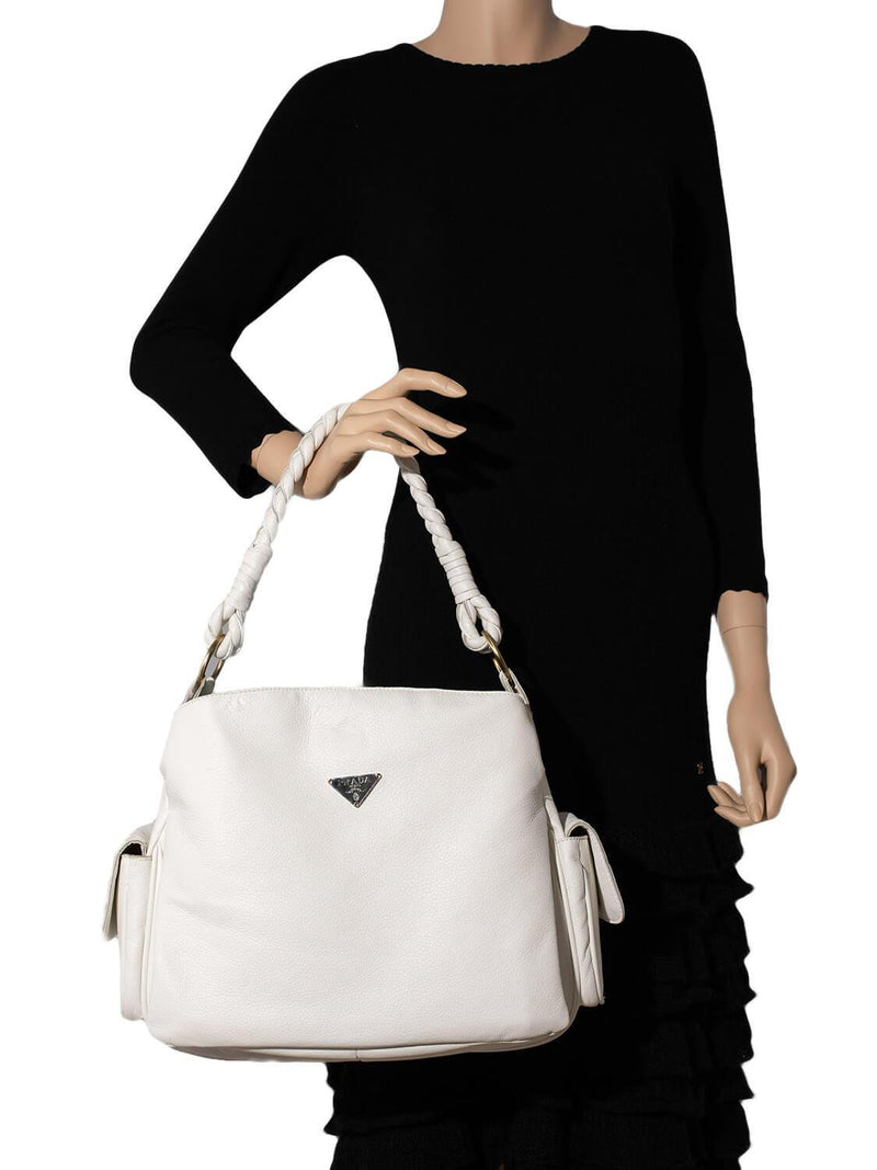 Prada Vitello Daino Braided Shoulder Bag White-designer resale