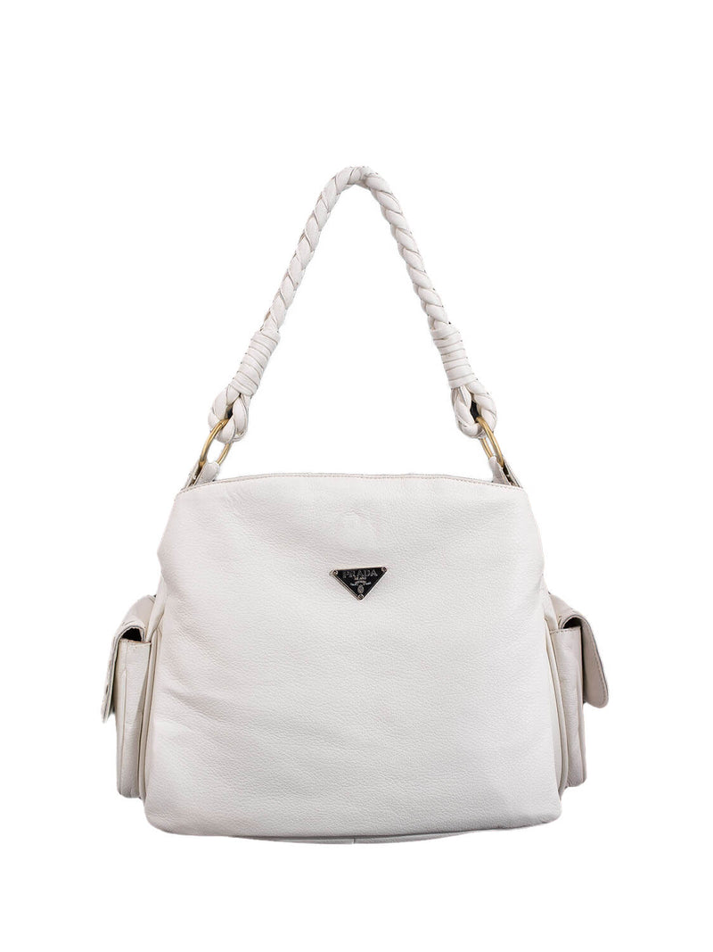 Prada Vitello Daino Braided Shoulder Bag White-designer resale
