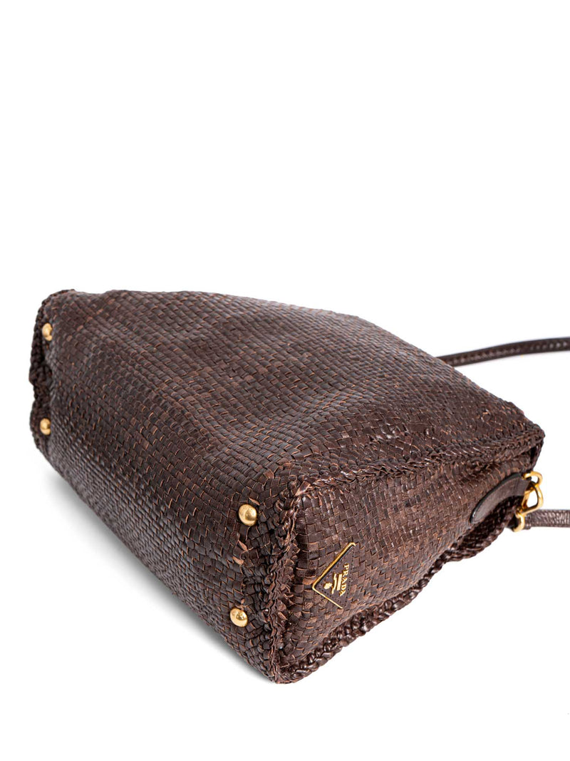 Prada Woven Leather Top Handle Flap Bag Brown-designer resale