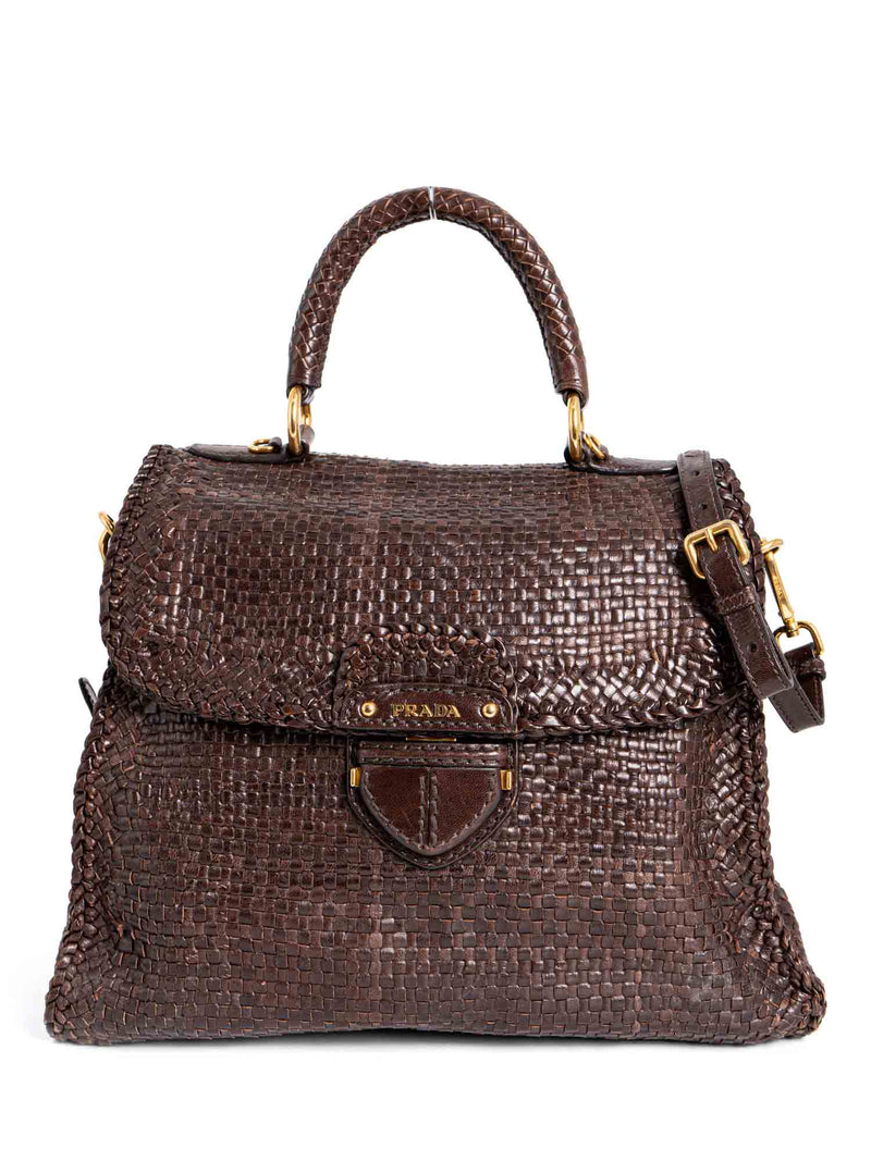 Prada Woven Leather Top Handle Flap Bag Brown-designer resale