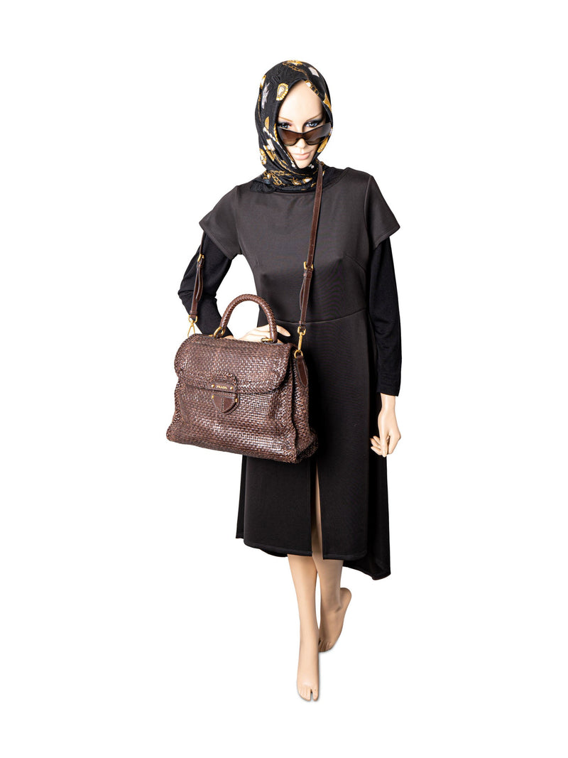 Prada Woven Leather Top Handle Flap Bag Brown-designer resale