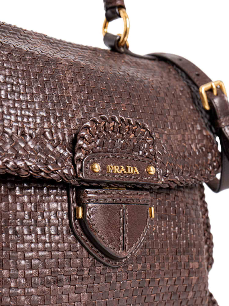 Prada Woven Leather Top Handle Flap Bag Brown
