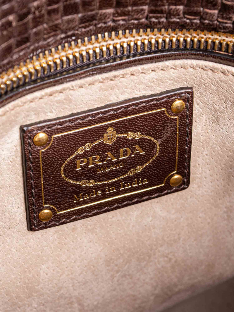 Prada Woven Leather Top Handle Flap Bag Brown-designer resale