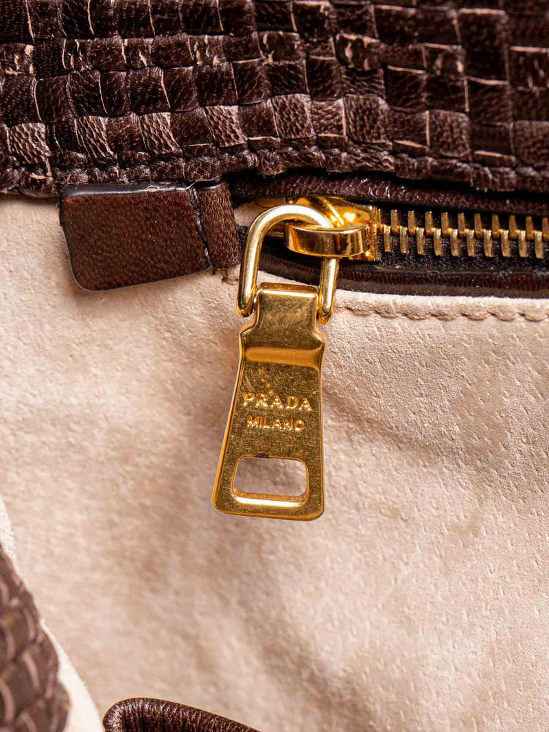 Prada Woven Leather Top Handle Flap Bag Brown-designer resale