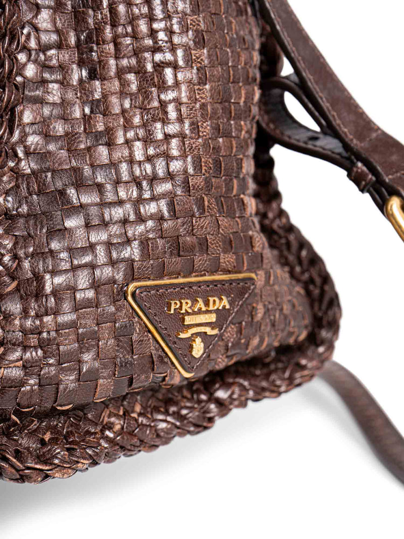 Prada Woven Leather Top Handle Flap Bag Brown-designer resale