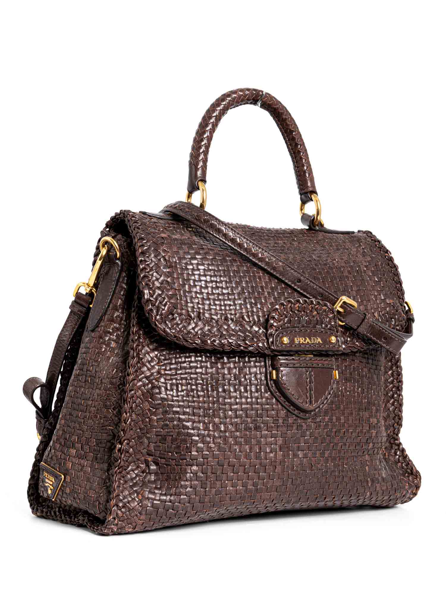 Prada Woven Leather Top Handle Flap Bag Brown-designer resale