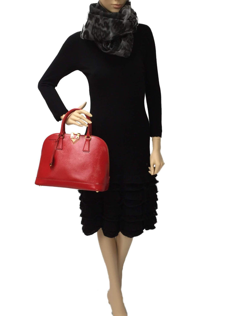 Promenade Red Saffiano Vernice Leather Top Handle Bag Gold Hardware-designer resale