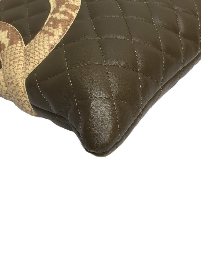 Quilted Leather Snakeskin Trim Cambon Tote Green-designer resale
