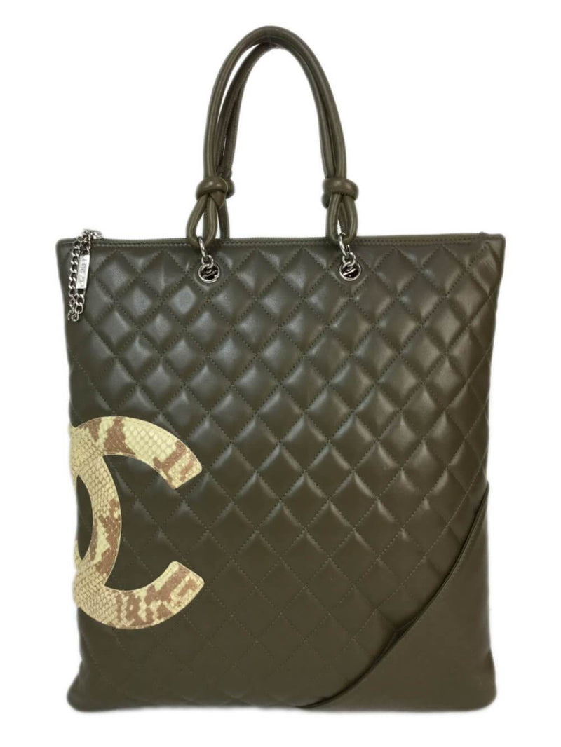 Quilted Leather Snakeskin Trim Cambon Tote Green