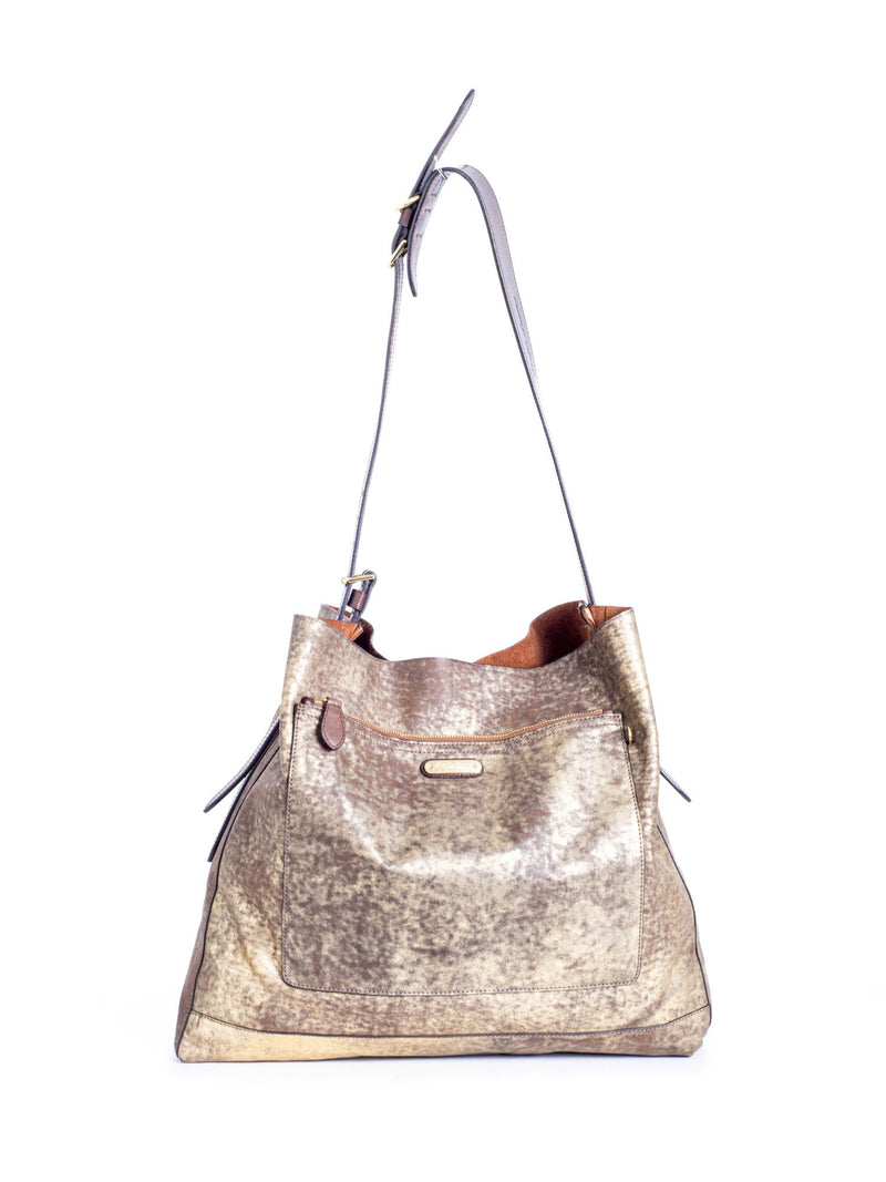 Ralph Lauren Distressed Leather Large Bucket Messenger Bag Gold Brown-designer resale