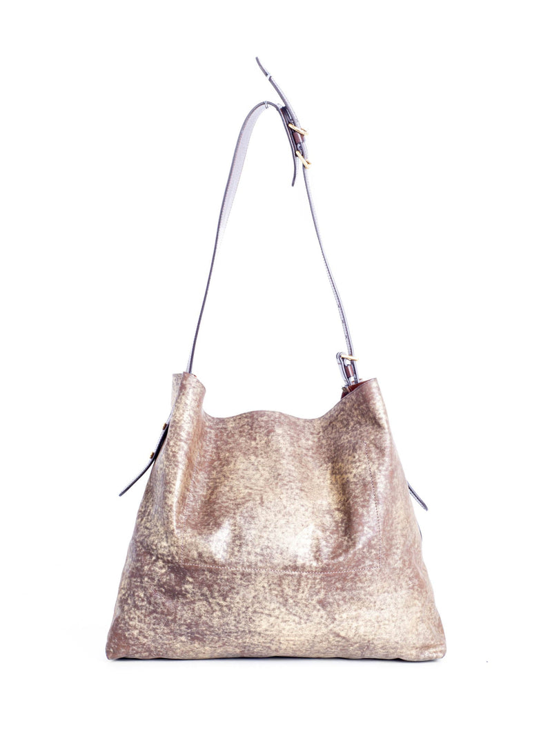 Ralph Lauren Distressed Leather Large Bucket Messenger Bag Gold Brown-designer resale