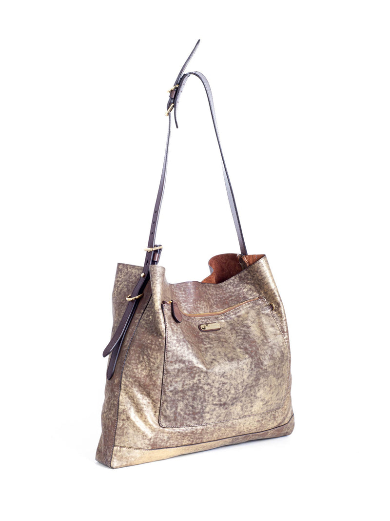 Ralph Lauren Distressed Leather Large Bucket Messenger Bag Gold Brown-designer resale