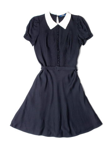 Ralph Lauren Fitted Belted White Collar Dress Black-designer resale