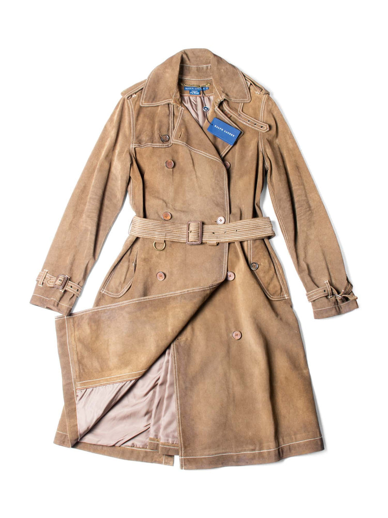 Ralph Lauren Suede Leather Belted Trench Coat Brown-designer resale