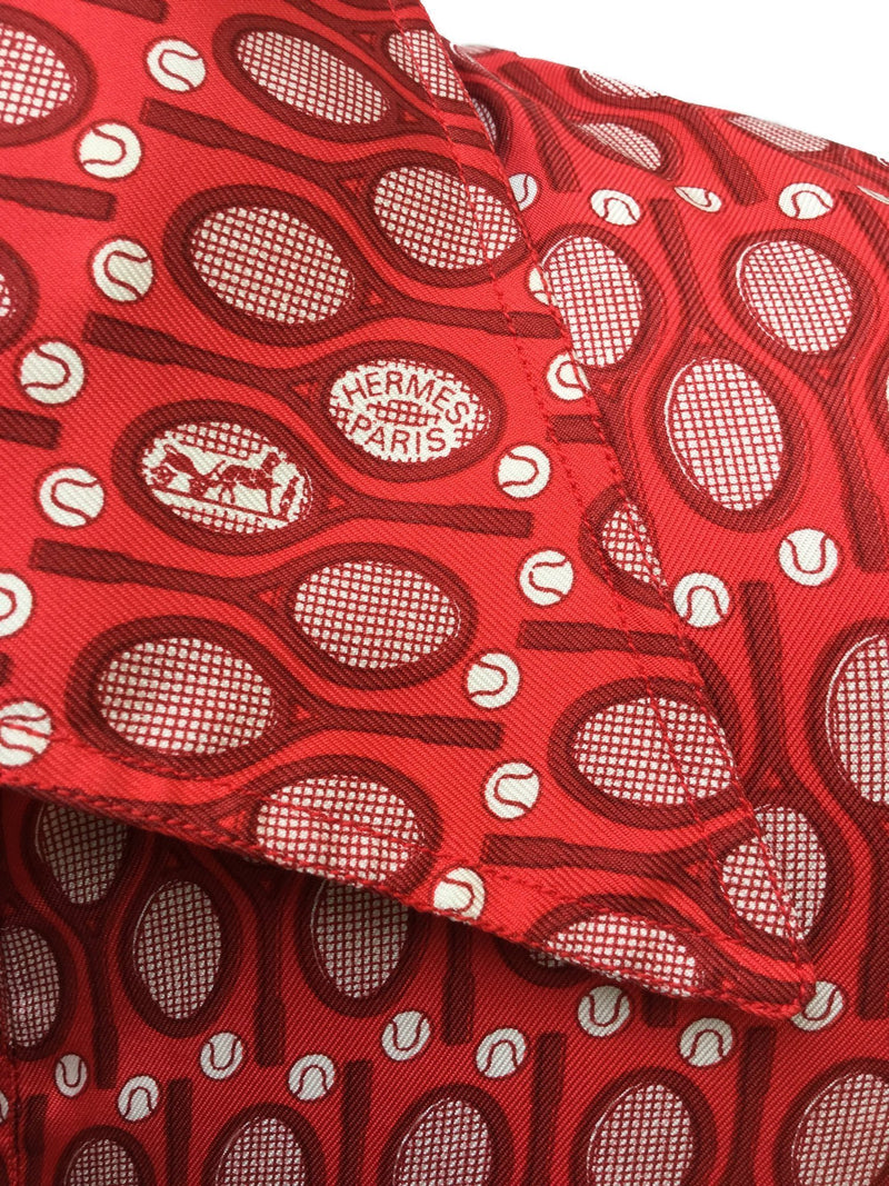 Red Silk Cotton Fitted Top with Tennis Motif-designer resale