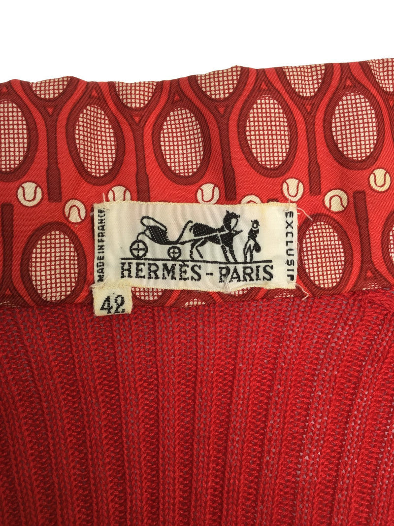 Red Silk Cotton Fitted Top with Tennis Motif-designer resale
