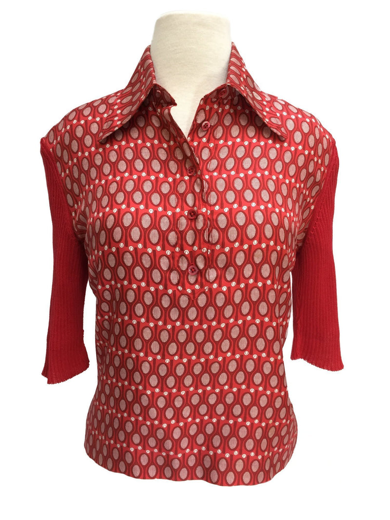 Red Silk Cotton Fitted Top with Tennis Motif-designer resale