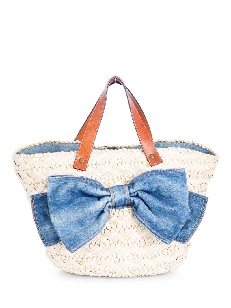 Red Valentino Straw Raffia Denim Bow Bag Beige-designer resale