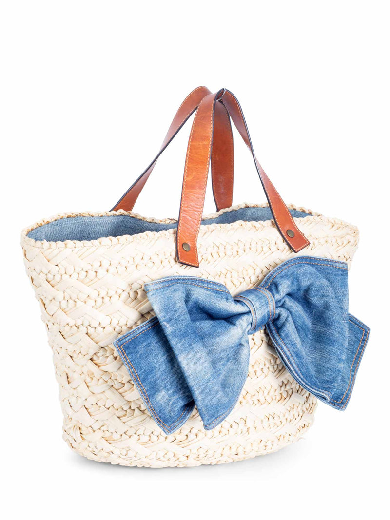 Red Valentino Straw Raffia Denim Bow Bag Beige-designer resale