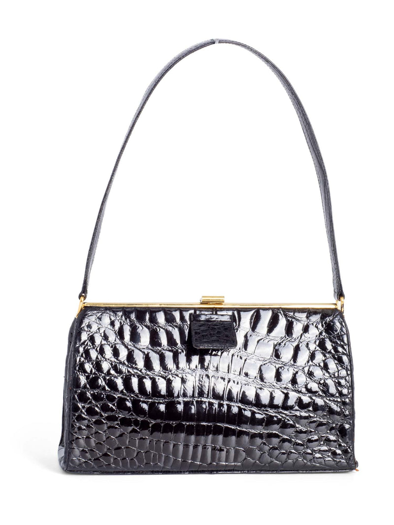 Rendl Original Shiny Crocodile Top Handle Bag Black Gold-designer resale