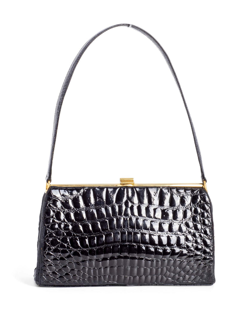 Rendl Original Shiny Crocodile Top Handle Bag Black Gold-designer resale
