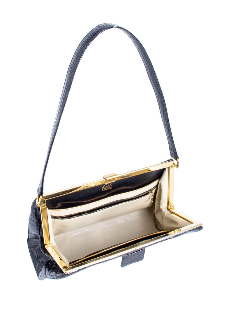 Rendl Original Shiny Crocodile Top Handle Bag Black Gold-designer resale