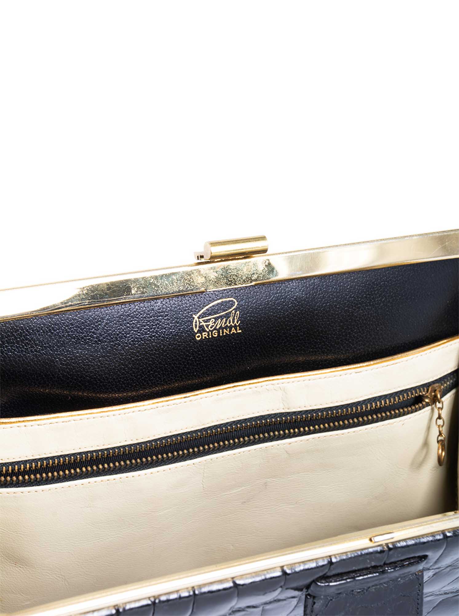 Rendl Original Shiny Crocodile Top Handle Bag Black Gold