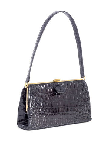 Rendl Original Shiny Crocodile Top Handle Bag Black Gold-designer resale