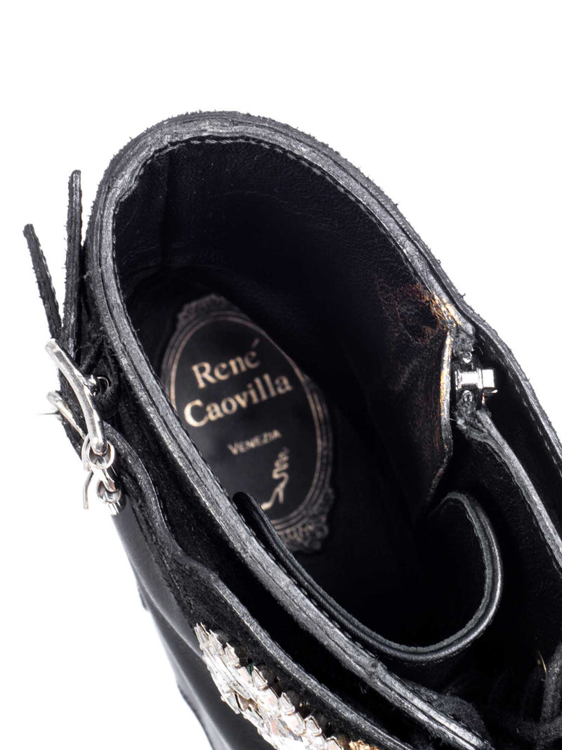Rene Caovilla Leather Swarovski Crystals Jeweled Combat Boots Black-designer resale