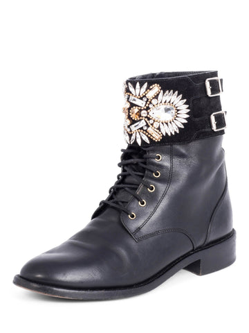 Rene Caovilla Leather Swarovski Crystals Jeweled Combat Boots Black-designer resale