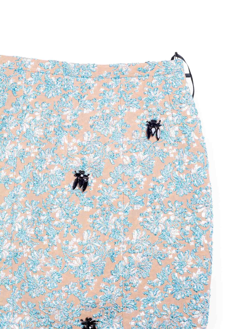 Rochas Brocade Glittery Jeweled Midi Pencil Skirt Blue Gold-designer resale