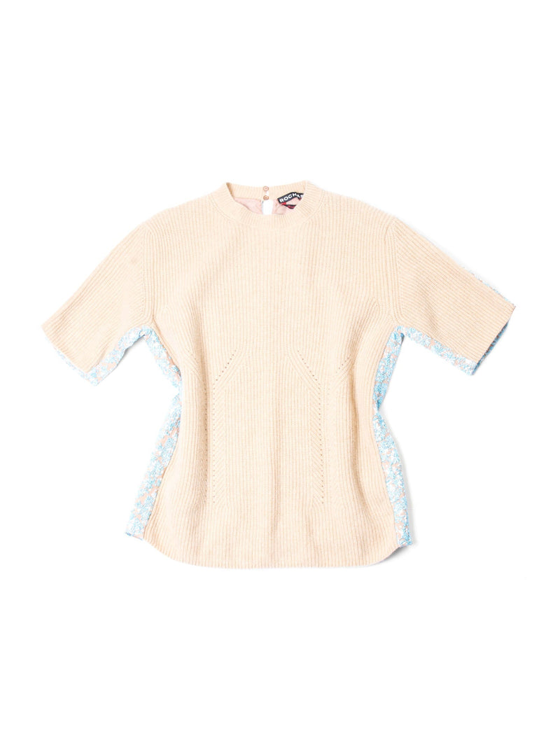 Rochas Knit Sparkly Brocade Short Sleeve Top Blue Gold-designer resale