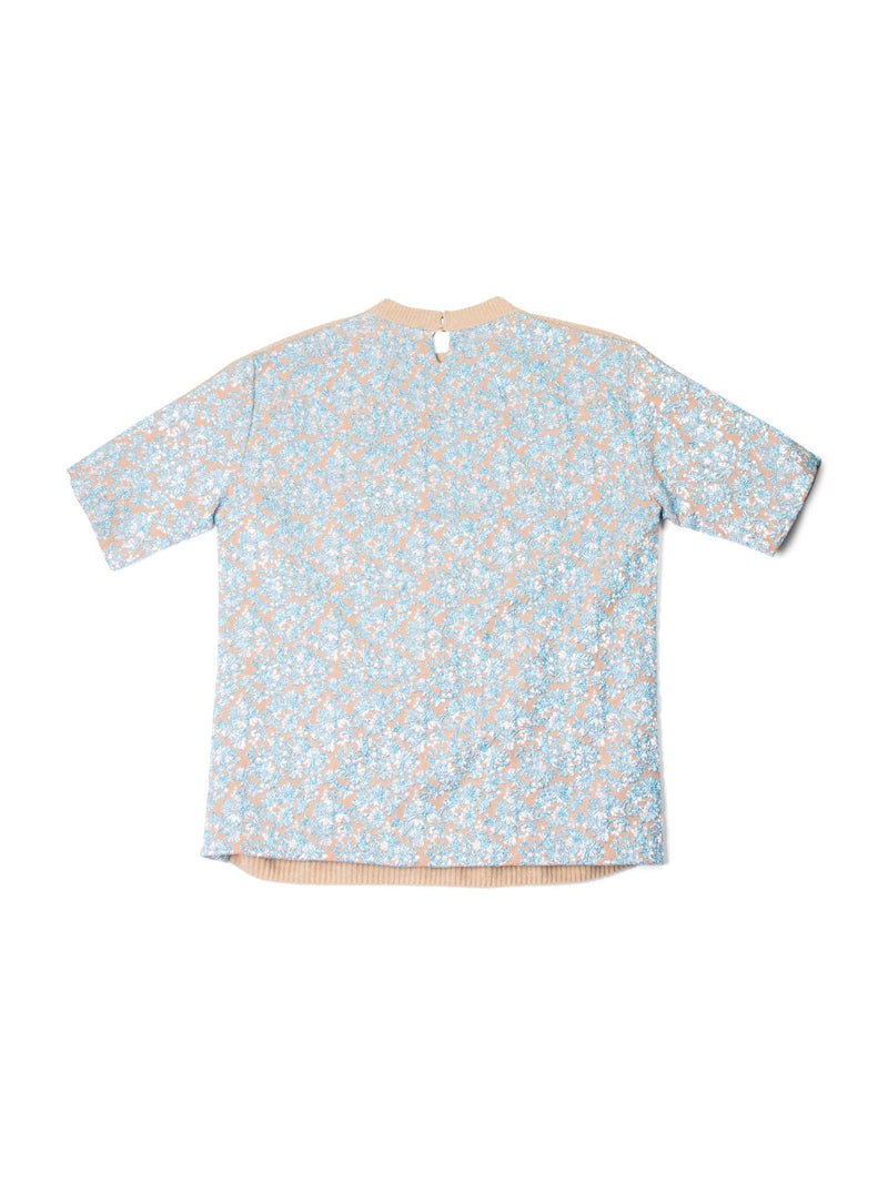 Rochas Knit Sparkly Brocade Short Sleeve Top Blue Gold-designer resale