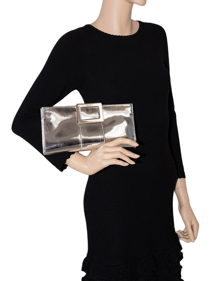 Roger Vivier Leather Belle Clutch Silver-designer resale
