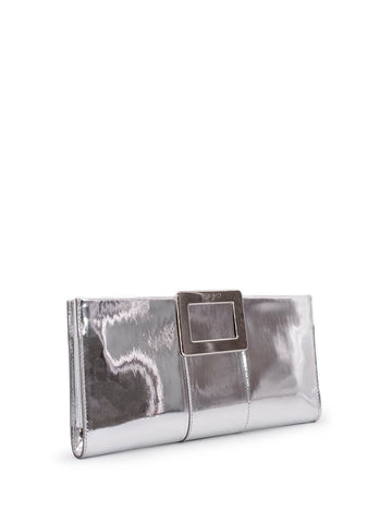 Roger Vivier Leather Belle Clutch Silver-designer resale