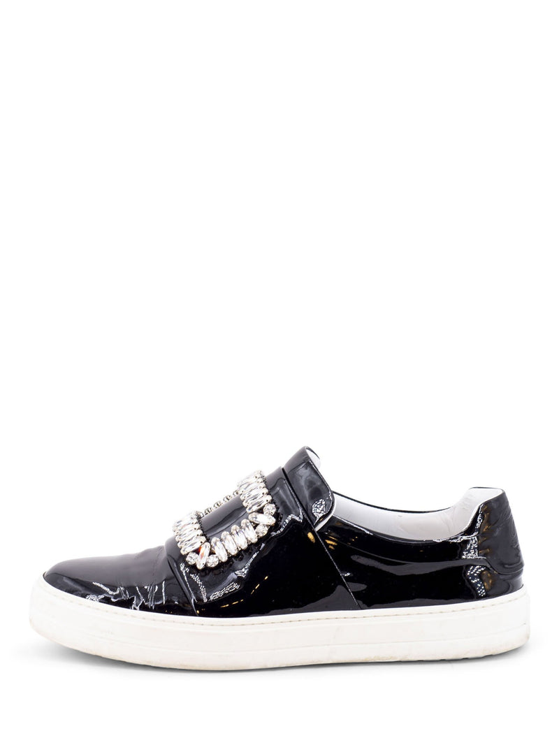 Roger Vivier Patent Leather Crystal Buckle Flat Shoes Black-designer resale