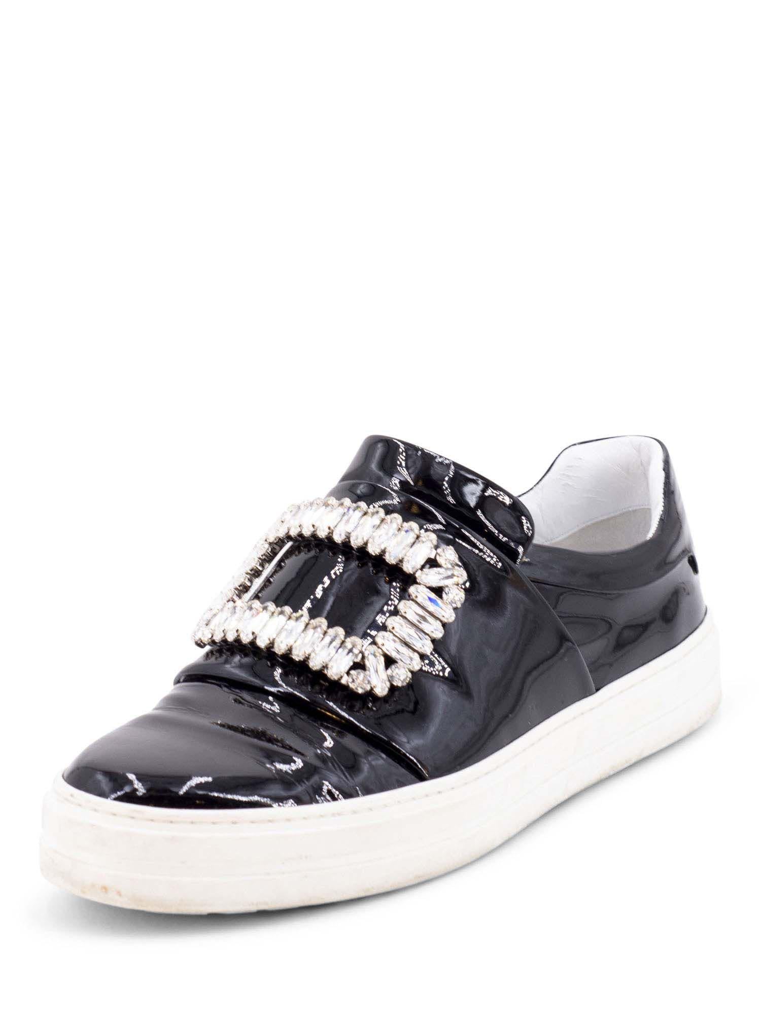 Roger Vivier Patent Leather Crystal Buckle Flat Shoes Black-designer resale